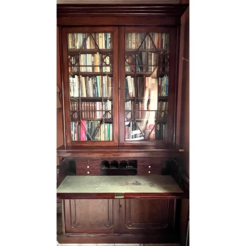 283 - MAHOGANY SECRETAIRE BOOKCASE, CUPBOARDS BELOW, GLAZED UPPER SECTION, APPROX 242cm H x 128cm W x 49cm... 