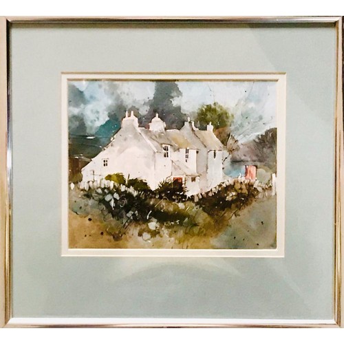 302 - KEN POMLETT WATERCOLOUR- COTTAGES, SIGNED, FRAMED AND GLAZED, APPROXIMATELY 17cm x 21cm