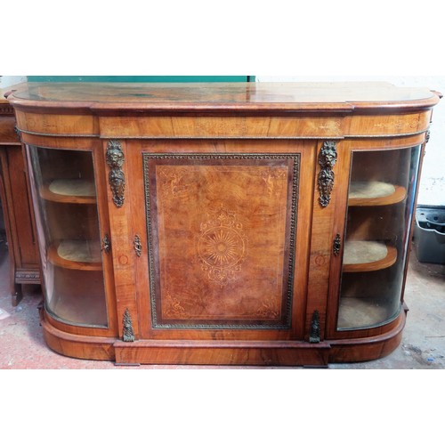 3 - 19th century figured walnut and ormolu mounted credenza with two glazed doors and central inlaid pan... 