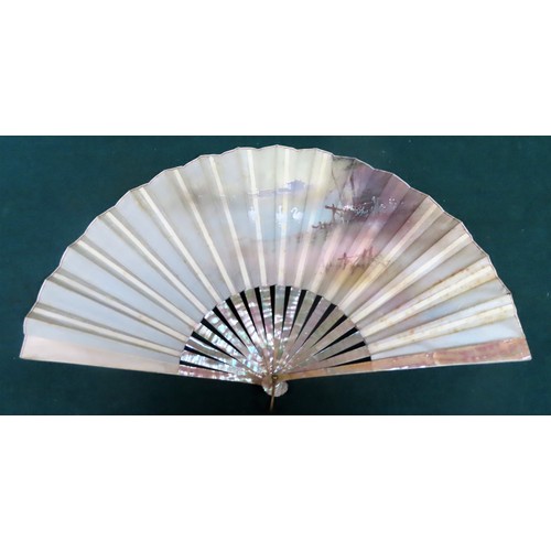 285 - Pretty Victorian silk and mother of pearl hand fan, decorated with hand painted classical figures. A... 