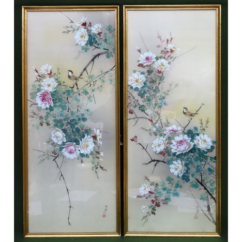 116 - Pair of vintage gilt framed Oriental silk pictures. Approx. 106 x 49cm