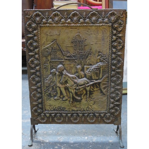 143 - Early 20th century relief decorated brass firescreen. Approx. 63cm H x 45cm W