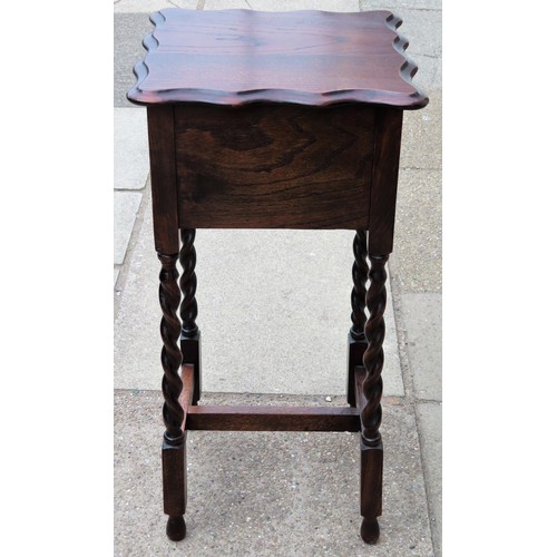 179 - Early 20th century barley twist oak sewing box with hinged cover. Approx. 77.5cm H x 38cm Diameter