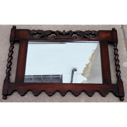 50 - Early 20th century carved, piercework decorated and barley twist oak wall mirror. Approx. 50.5cm H x... 