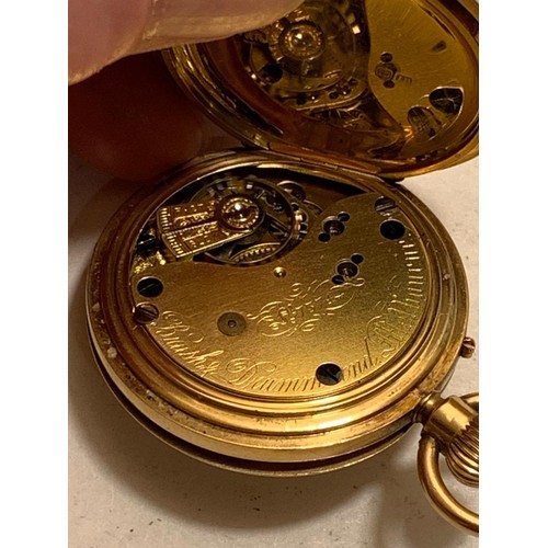 305 - 18ct GOLD ANTIQUE HALF HUNTER POCKET WATCH BRUSH & DRUMMOND MELBOURNE 7374, TOTAL WEIGHT APPROX 48.3... 