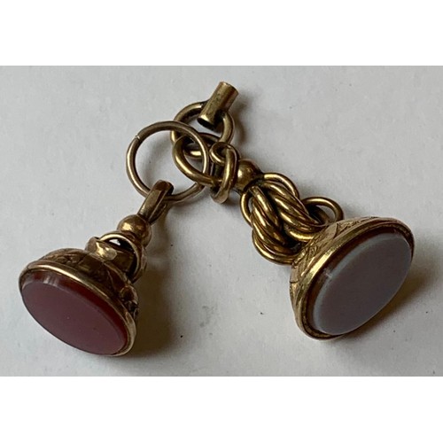 322 - DUO OF GOLD COLOURED AGATE FOBS: ONE CARNELIAN, ONE CAMEO (NOT ENGRAVED), BOTH ANTIQUES, TOTAL WEIGH... 