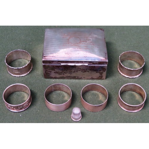 293 - Parcel of hallmarked silver items including hinged Storage box, six various napkin rings, plus thimb... 