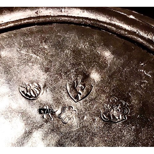 65 - TWO EARLY PEWTER BOWLS, SERVING PLATES, ETC, ONE BEARING BISHOP'S MITRE AND EARLY TOUCH MARKS