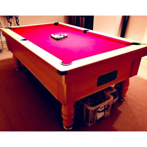 292 - 20th century pool table, with red felt insert, cue stand and cues, plus balls etc