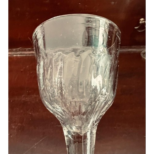 14 - 18TH CENTURY CORDIAL DRINKING GLASS WITH FOLDED FOOT. APPROX. 14CM H