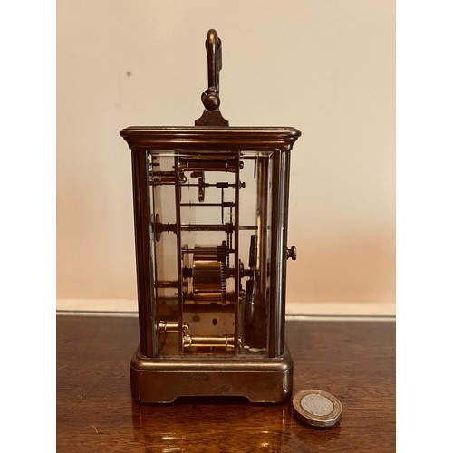 208 - BRASS CASED 'CARRIAGE CLOCK' TIMEPIECE WITH KEY, APPROXIMATELY 13cm HIGH