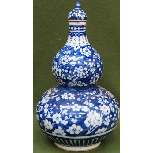 2 - 18th/19th century Chinese Prunus pattern double gourd vase, with cover. Approx. 39cms H