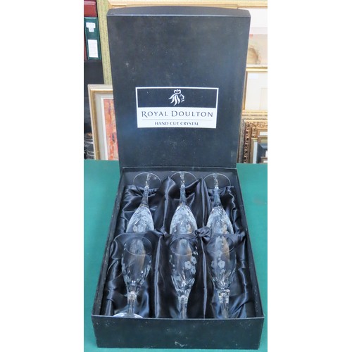 36 - Boxed set of 6 Royal Doulton 'Chelsea' pattern champagne flutes. Approx. 22cms H