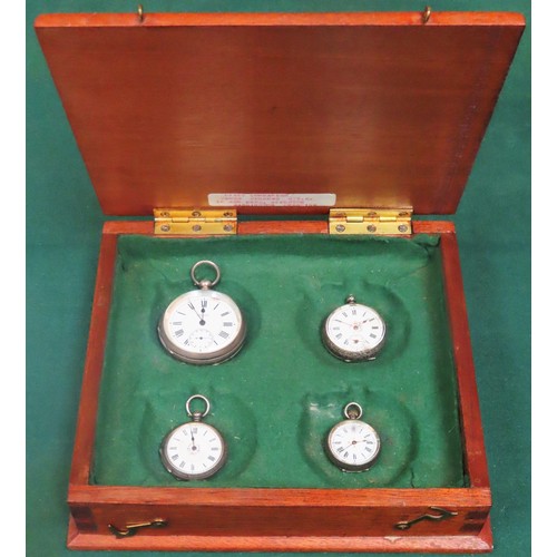 249 - Vintage velvet lined wooden case containing hallmarked silver pocket watch, plus three hallmarked si... 