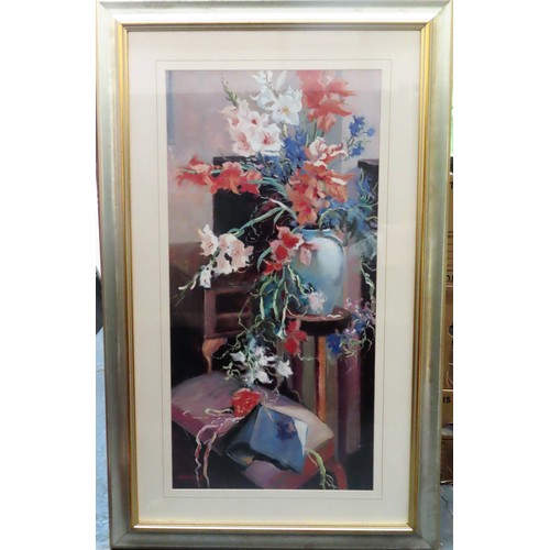 32 - Luisa L, 20th century Polychrome print depicting a vase of flowers. Approx. 90 x 44cm