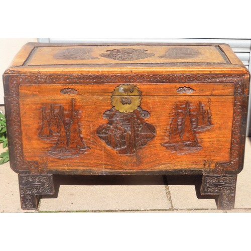 115 - Early 20th century carved Oriental camphor wood chest. Approx. 67cms H x 103cms W x 51cms D