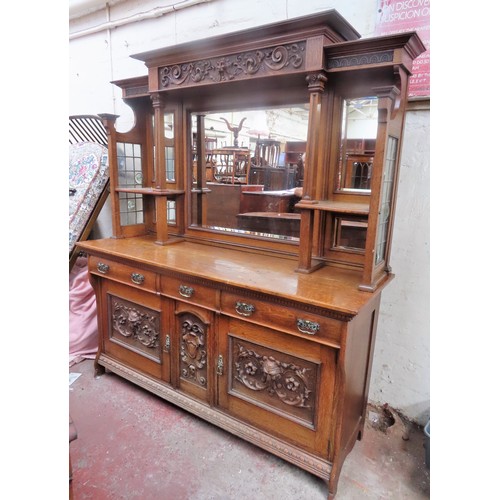 8 - Early 20th century Arts & Crafts style oak mirror back sideboard, with leaded glass side panels. App... 