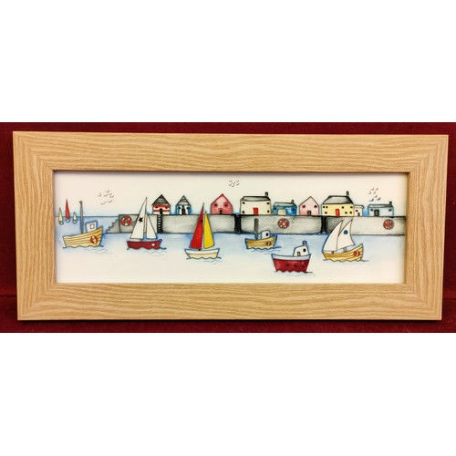 134 - FRAMED MOORCROFT IN THE HARBOUR PATTERN CERAMIC PLAQUE, DESIGNED BY NICOLA SLANEY, DATED 2014. APPRO... 