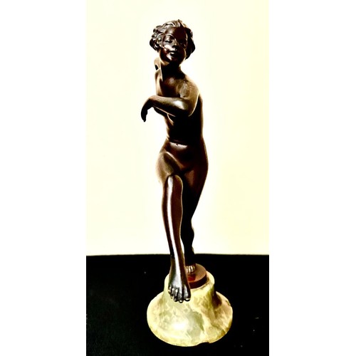 11 - LORENZL BRONZE ART DECO FIGURE DANCER UPON GREEN MARBLE BASE