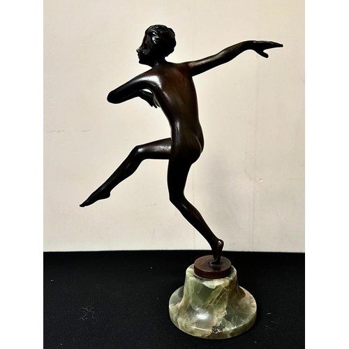 11 - LORENZL BRONZE ART DECO FIGURE DANCER UPON GREEN MARBLE BASE