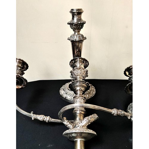 12 - IMPRESSIVE PAIR OF SILVER PLATED THREE SCROLL BRANCH CANDELABRA