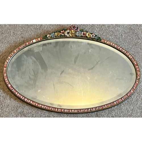 35 - OVAL FLOWER ENCRUSTED BARBOLA WALL MIRROR, APPROX 40 x 50cm