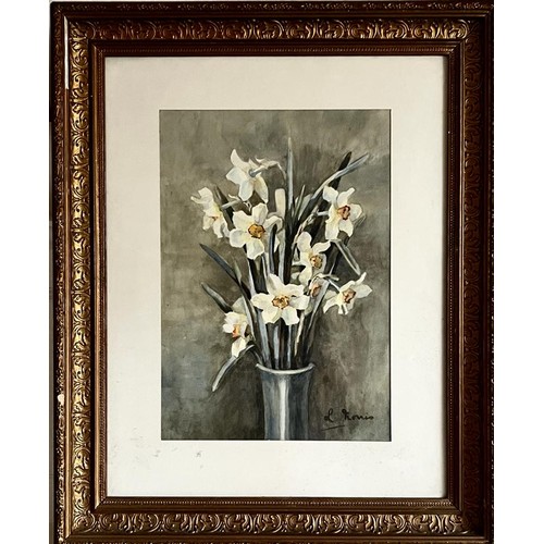 38 - L NORRIS, WATERCOLOUR(?) DEPICTING A VASE OF NARCISSI, FRAMED AND GLAZED, APPROX 42 x 30cm