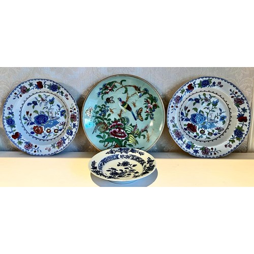 47 - TWO IRONSTONE SOUP BOWLS, ORIENTAL PLAQUE AND SMALL 19th CENTURY DISH