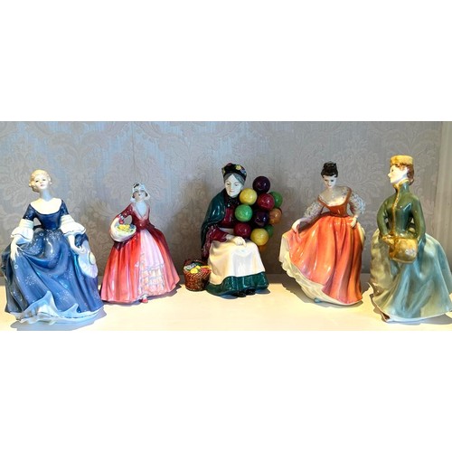 50 - FIVE ROYAL DOULTON FIGURES INCLUDING HILARY, JANET, BALLOON SELLER, FAIR LADY AND GRACE