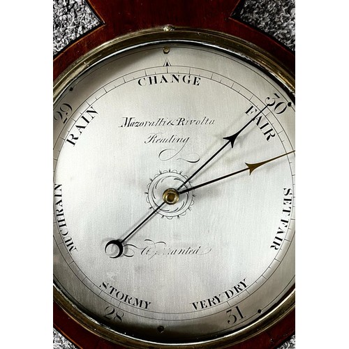 72 - MAHOGANY CASED AND INLAID WHEEL BAROMETER, MAZORALLI & RIVOLTA OF READING, CIRCA 1800, DIAL APPROX 2... 