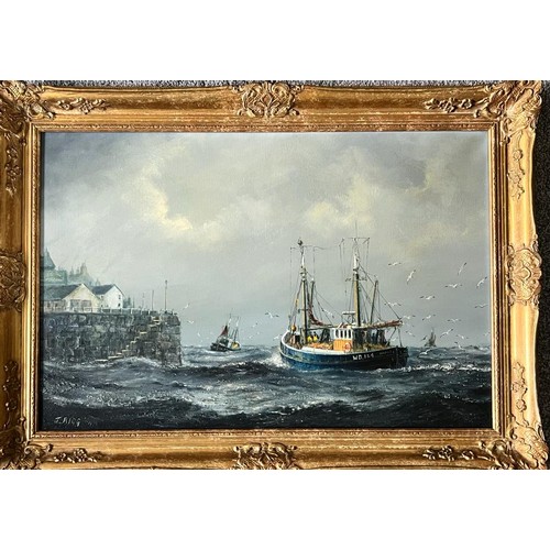 222 - JACK RIGG, OIL ON CANVAS- 'TRAWLERS ON A CHOPPY SEA, NORTH EAST', SIGNED AND DATED LOWER LEFT AND RE... 