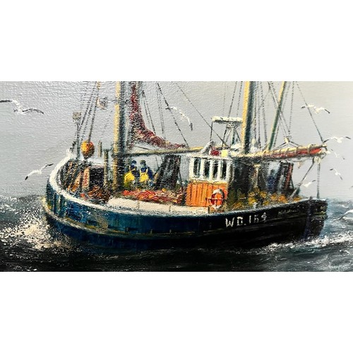 222 - JACK RIGG, OIL ON CANVAS- 'TRAWLERS ON A CHOPPY SEA, NORTH EAST', SIGNED AND DATED LOWER LEFT AND RE... 