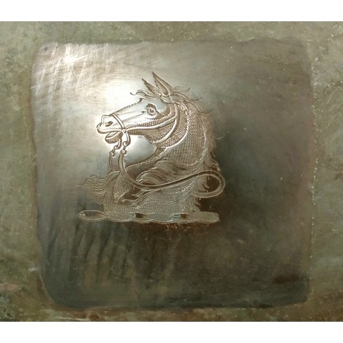 174 - SILVER PLATED MEAT COVER, INSET PANEL BEARING ENGRAVED HORSE'S HEAD, APPROX 34 x 56cm