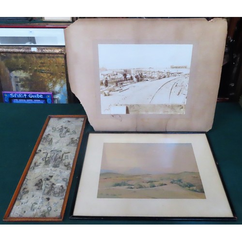 143 - Framed Oriental silk embroidery, Walter Bartram watercolour, plus unframed photo