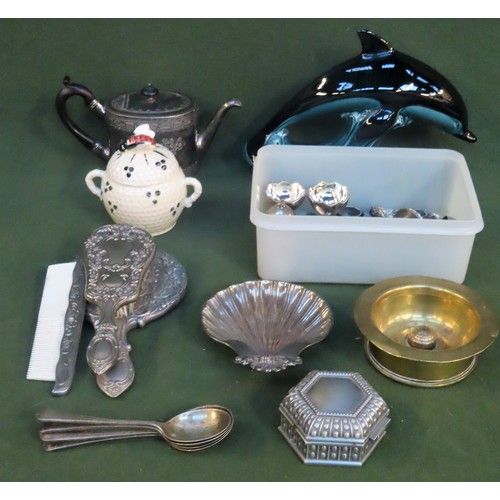 142 - Sundry lot including Poole dolphin, trench art ashtray, various pewter and plated ware etc