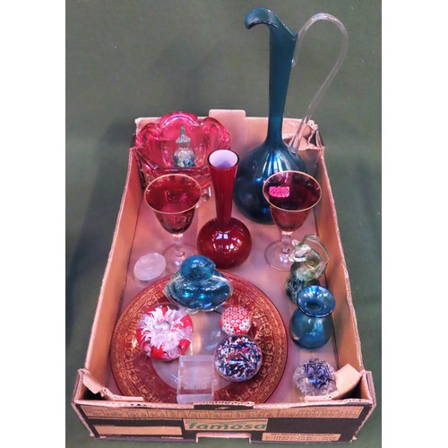 76 - Parcel of various coloured glassware including vases, paperweights, stemmed glasses, jug etc