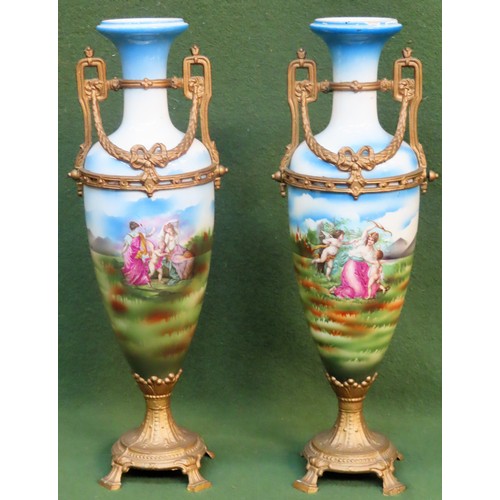 61 - Pair of Continental style gilt metal and ceramic vases, decorated with classical scenes40CM H