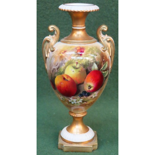 5 - Royal Worcester blush ivory stemmed ceramic vase, decorated with fruit and foliage, signed Ricketts.... 