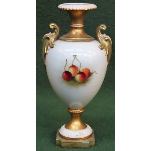 5 - Royal Worcester blush ivory stemmed ceramic vase, decorated with fruit and foliage, signed Ricketts.... 