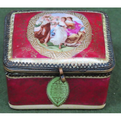 155 - 19th century Vienna handpainted and gilded porcelain storage box. Approx. 5.5cm H x 8.5cm W x 7cm D