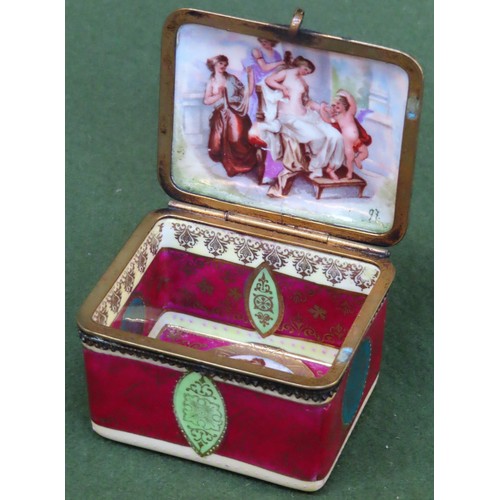 155 - 19th century Vienna handpainted and gilded porcelain storage box. Approx. 5.5cm H x 8.5cm W x 7cm D