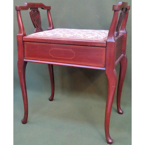 262 - Edwardian Mahogany inlaid piano stool, with embroided lift up seat. App. 68cm H x 53cm W x 36cm D