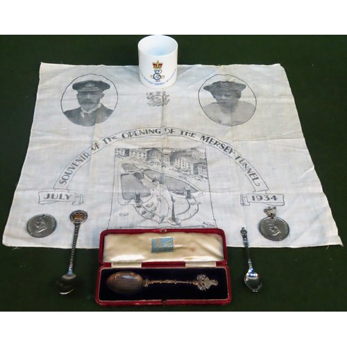 270 - Sundry lot including 1934 Mersey Tunnel opening souvenir Hankerchief, two Victoria Jubilee medals 18... 