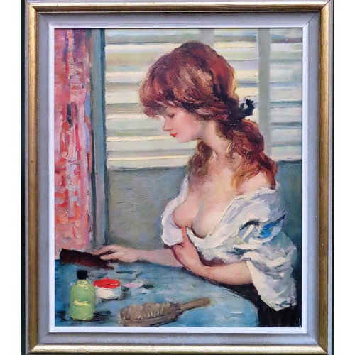 161 - Wooden framed print on board depicting a female. Approx. 60 x 49.5cm