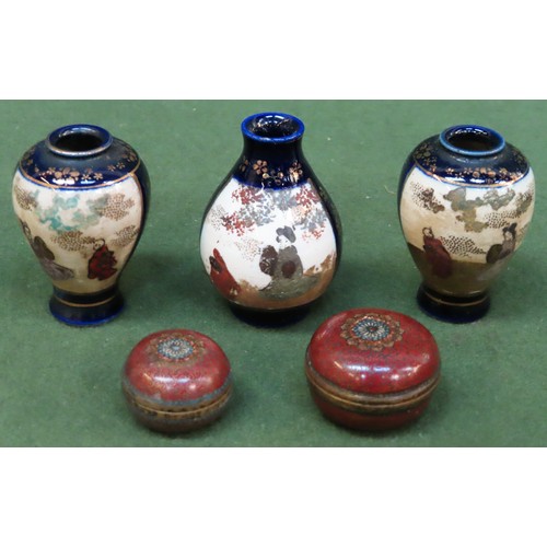 37 - Three vintage miniature Oriental hand painted and gilded ceramic vases, plus two miniature cloisonne... 