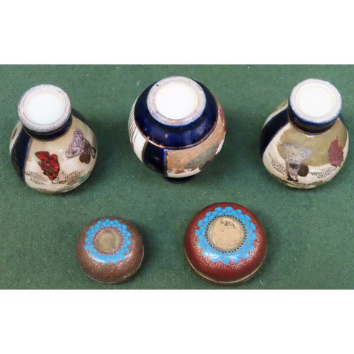 37 - Three vintage miniature Oriental hand painted and gilded ceramic vases, plus two miniature cloisonne... 