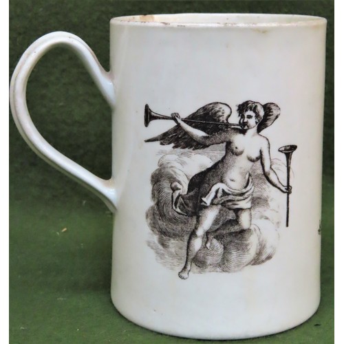 49 - 18th/19th century glazed ceramic tankard, with monochrome transfer printed decoration. Approx. 12cms... 