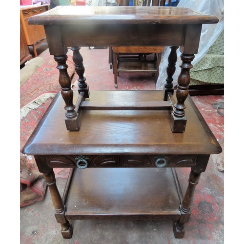 238 - Early 20th century carved oak joynt stool, plus 20th century two drawer oak side table