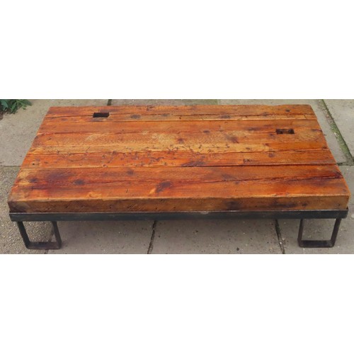 54 - 20th century bespoke solid plank topped coffee table on metal supports. Approx. 29cm H x 122cm W x 6... 