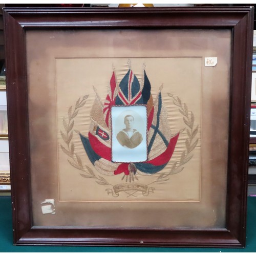 88 - Early 20th century mahogany framed embroided military panel, with central photograph. Approx. 34cm x... 